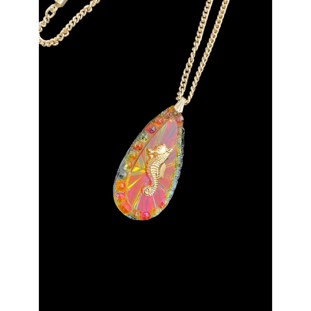 Vintage German Pendant Necklace Aurora Borealis Glass Teardrop Seahorse